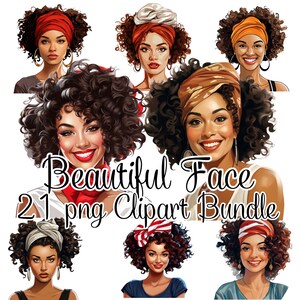 May include: A digital clipart bundle of 21 images featuring women with different hairstyles and head wraps. The women have brown skin and are wearing various head wraps in red, white, and brown. The images are in a cartoon style and are perfect for digital projects.