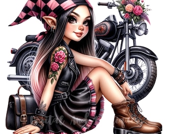 Girl Biker Gnome Clipart: Motorcycle Theme (Digital Download)