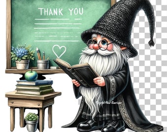 May include: A gnome teacher wearing a black robe and a black knitted hat holds a book in front of a green chalkboard with the words "THANK YOU" written on it. There is a small apple, a potted plant, and a stack of books on a wooden table in front of the chalkboard.