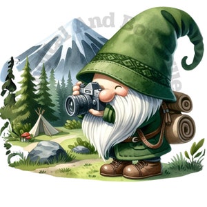 12 imágenes prediseñadas de gnomos de camping, gnomos de camping, imágenes prediseñadas de explorador, viajes de gnomos, diseño de manualidades, imágenes PNG de gnomos, camping, descarga imprimible, manualidades de papel