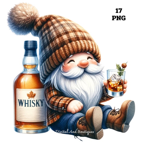 Whisky Gnome Clipart, Whisky Clipart Bundle, Bar Decor, Whisky Lovers Graphic, Cute Whisky Gnome, Beverage Clipart, Gnome Drinking Whisky