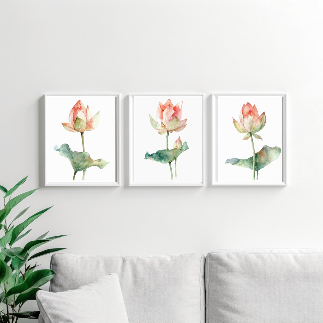 Set of 3 Watercolor Lotus Flower Wall Art, Wall Decor, Home Decor ...
