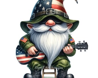 Peut inclure: Un gnome portant un chapeau vert et rouge avec des étoiles et des rayures, une veste militaire verte avec un patch du drapeau américain et des lunettes de soleil noires, joue de la guitare avec un motif de drapeau américain.