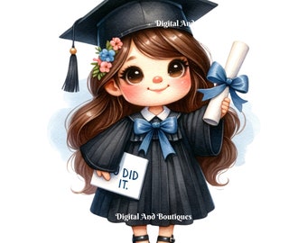 May include: A cartoon illustration of a graduate wearing a black cap and gown, holding a diploma and a sign that says "I Did It."