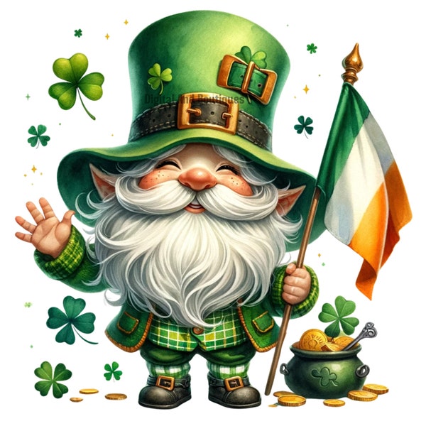 St. Patrick's Day Gnome Clipart, Lucky Gnome Illustration, St. Patrick Clipart, St Patrick designs, Gnome Clipart, St Patrick Gnome PNG