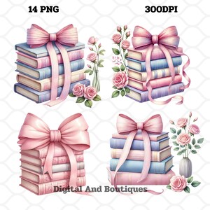 May include: Four digital illustrations of stacks of books tied with pink bows and surrounded by pink flowers. The books are in shades of blue and pink.