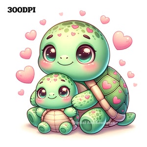 Schildkröte Clipart, Schildkröte Mama und Kind PNG, Muttertags Clipart, Geburtstagskarte, Vatertags Clipart, Kinderbuch, Babyparty Design