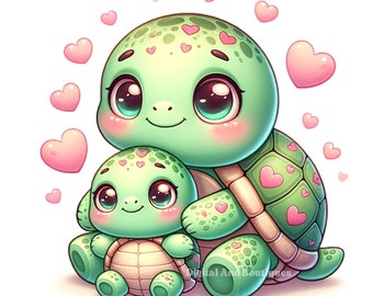 Turtle Clipart, Turtle Mom And Kid PNG, Mother&#39;s Day Clipart, Birthday Card, Father&#39;s Day Clipart, Children&#39;s Book, Baby Shower Design