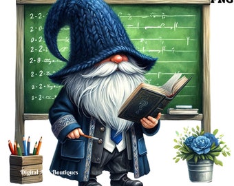 May include: A blue gnome wearing a blue knitted hat and a long blue robe holds a book with a question mark on the cover. The gnome is standing in front of a green chalkboard with math equations written on it. There is a pencil holder with colored pencils and a potted plant with blue flowers.