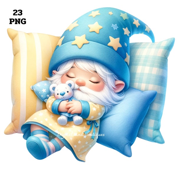 Sleeping Gnome Clipart, Pajamas Gnome, Nursery Wall art, Nursery Room Decor, Nursery Art, Scrap Book, Gnome Clipart PNG, Cute sleeping gnome