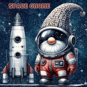 May include: Watercolor illustration of a space gnome in a red spacesuit and a knitted hat, standing next to a rocket ship. The gnome has a white beard and is wearing a space helmet. The words "SPACE GNOME" are at the top of the image.