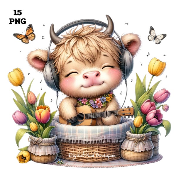 Musician Hyland Cow , Headphone Hyland Cow, Musician Clipart, Tulips Hyland Cow, Cow playing instruments, Hyland Cow Clipart, Cow illus