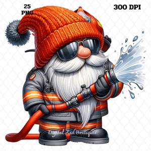 Peut inclure: Un gnome de dessin animé portant un bonnet rouge en tricot, des lunettes de soleil et un uniforme de pompier. Il tient un tuyau d'arrosage avec de l'eau qui jaillit.