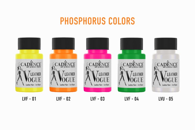 May include: Five bottles of leather paint in various colours: yellow, orange, pink, green, and white. Each bottle has a black lid and a label with the words "Cadence Art & Hobby Paints" and "Leather Vogue". The bottles are labelled with the following codes: LVF-01, LVF-02, LVF-03, LVF-04, and LVU-05.