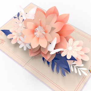 Pop Up Karte zum Geburtstag, Muttertag, Valentinstag | 3D Geburtstagskarte | Blume und weisse Schmetterlinge