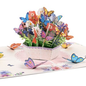 Pop Up Karte Geburtstag, Muttertag, Valentinstag | 3D Geburtstagskarte | Schmetterlinge - Blumenkorb