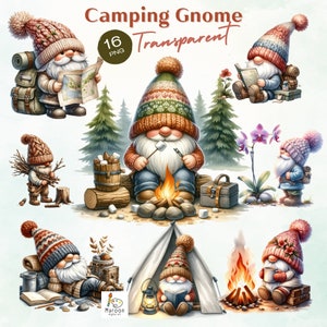 Watercolor Camping Gnome Clipart, Cute Gnome Backpack Travel Junk Journal, Clipart for commercial use, Transparent PNG, Digital Download