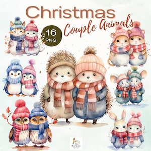 Pareja de animales de Navidad de acuarela, bosque de Navidad, imágenes prediseñadas de animales románticos, animales de pareja romántica, pareja de animales PNG, uso comercial