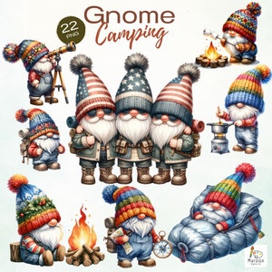 Watercolor Camping Gnome Clipart, Cute Gnome Backpack Travel Junk Journal, Clipart for commercial use, Transparent PNG, Digital Download