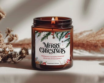 Personalised Christmas Soy Candle with Botanical Wreath Design