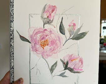 Pink peony silver accent November birth flower art handpainted watercolor painting original on 9 x 12