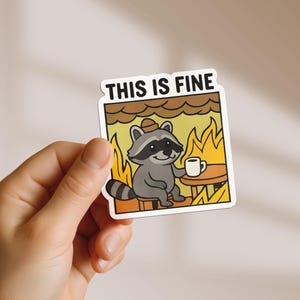 This Is Fine Meme Sticker, Raccoon Sticker, Dark Humor, Funny Anxiety Sticker, Dumpster Fire, Sarcastic Animal Sticker, Relatable humor