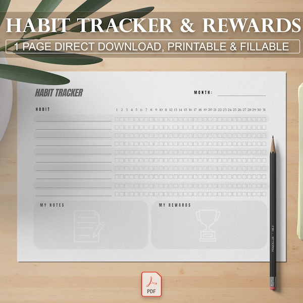 Monthly Habit Tracker Printable Landscape with Rewards, Routine Tracker, Habits Tracker Template,  30 Day Habit , A4, Instant Download