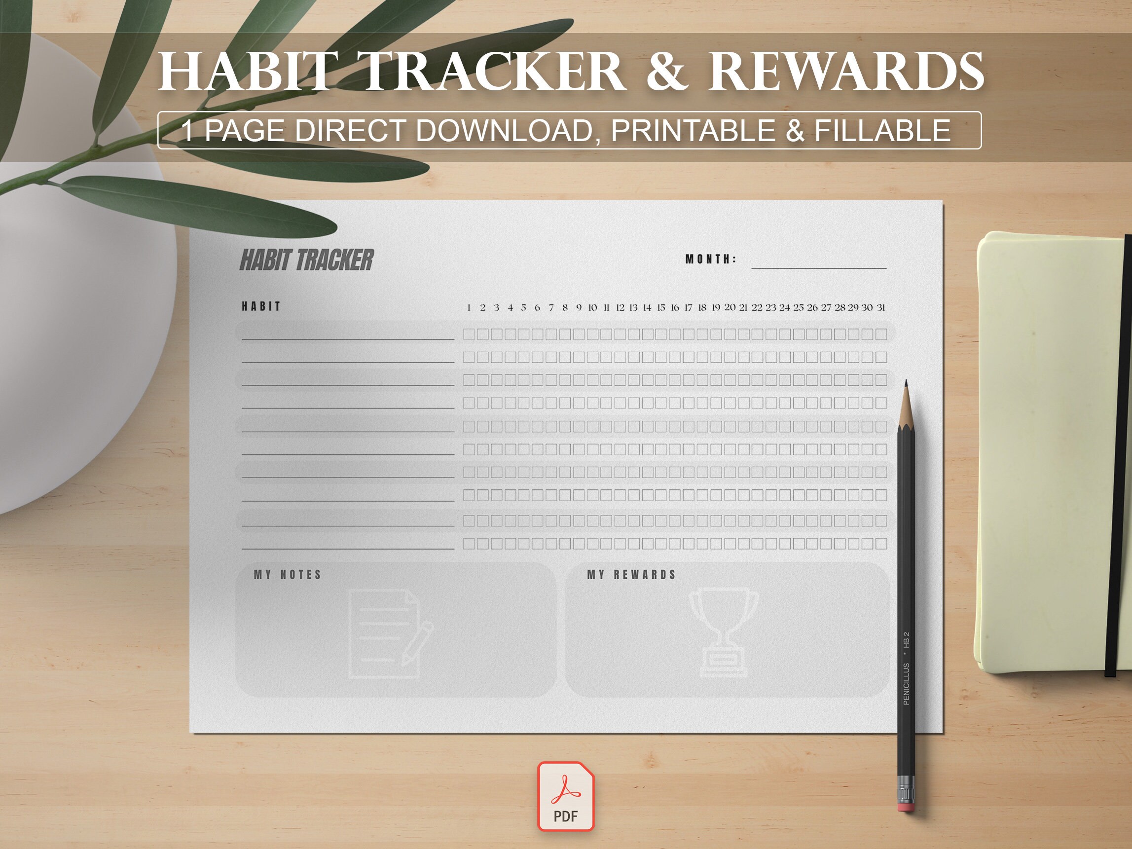 Monthly Habit Tracker Printable Landscape With Rewards, Routine Tracker ...