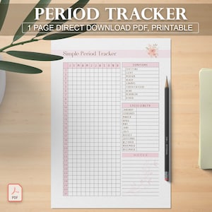 Puede incluir: Un rastreador de períodos imprimible con un diseño floral rosa. El rastreador incluye una cuadrícula de calendario para rastrear tu ciclo, una sección para anotar los síntomas y un espacio para registrar la duración del ciclo. El rastreador también incluye una sección de notas.