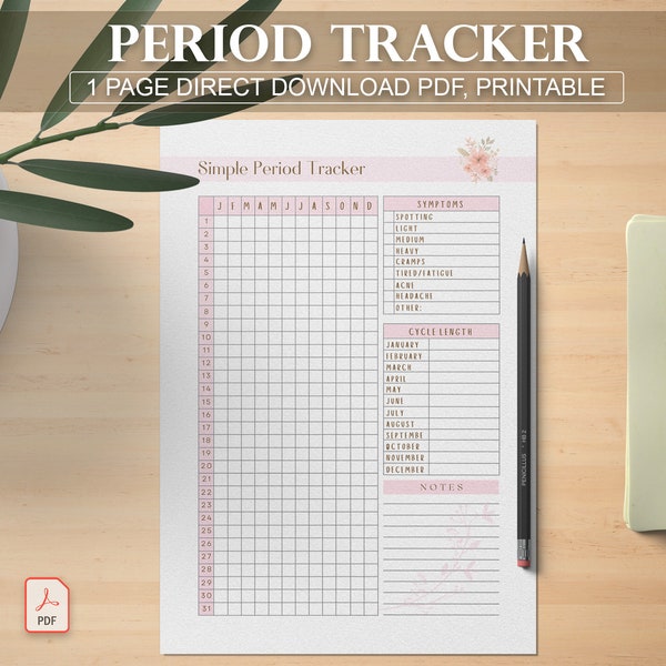 Printable Period Tracker, Period Journal, Symptom Tracker, Fertility Planner, Ovulation Tracker, Period Symptom Tracking, Period Calendar,A4