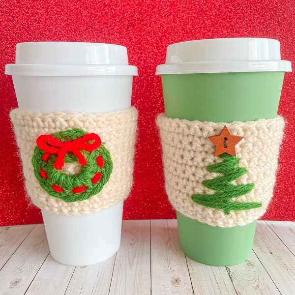 Crochet Christmas Cup Cozy, Festive Tree and Wreath Design, Holiday Coffee Mug Sleeve, Winter Beverage Holder, Reusable Knit Coffee Cozy