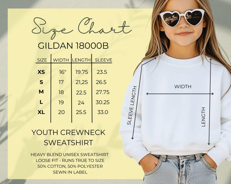 May include: A white youth crewneck sweatshirt with a size chart. The chart shows measurements for sizes XS to XL, with widths ranging from 40.6 cm to 50.8 cm, lengths from 50.2 cm to 64.8 cm, and sleeve lengths from 59.7 cm to 83.8 cm. The sweatshirt is a heavy blend unisex style.