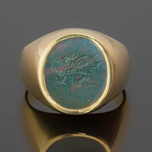 Celtic Welsh Dragon Ring Bloodstone Gold Plated Sterling Silver 925