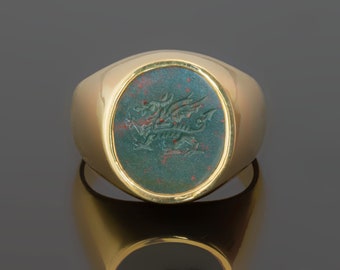 Celtic Welsh Dragon Ring Bloodstone Gold Plated Sterling Silver 925