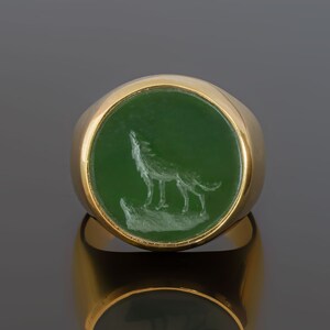 Jade Howling Wolf Ring Gold Plated Sterling Silver 925
