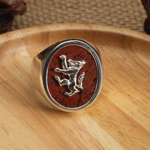 Red Jasper Rampant Wolf Ring Sterling Silver 925