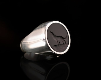 Wolf Ring Black Onyx Intaglio Seal Heraldic Signet Sterling Silver 925