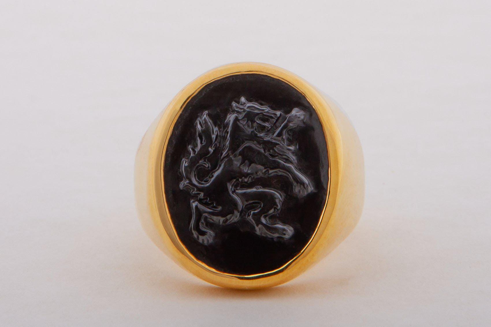 Wolf Ring Black Onyx Gold Plated Sterling Silver 925