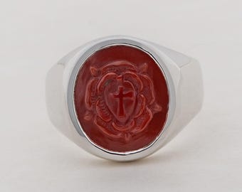 Rosicrucian Ring Red Agate Hand Sculpted Sterling Silver 925