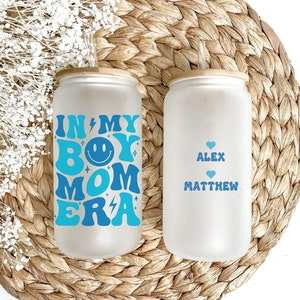 Personalized Glass Ice Coffee Cup Gift for Mom, In My Boy Mom Era Ice Coffee Cup Gift For Her, Custom Boy Mom Coffee Glass Can Kids Names