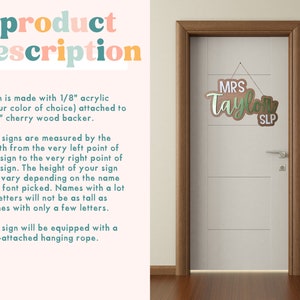 May include: A wooden door sign with the text "MRS Taylor SLP" in green and white lettering on a brown background. The sign is attached to a white door with a brown door frame.