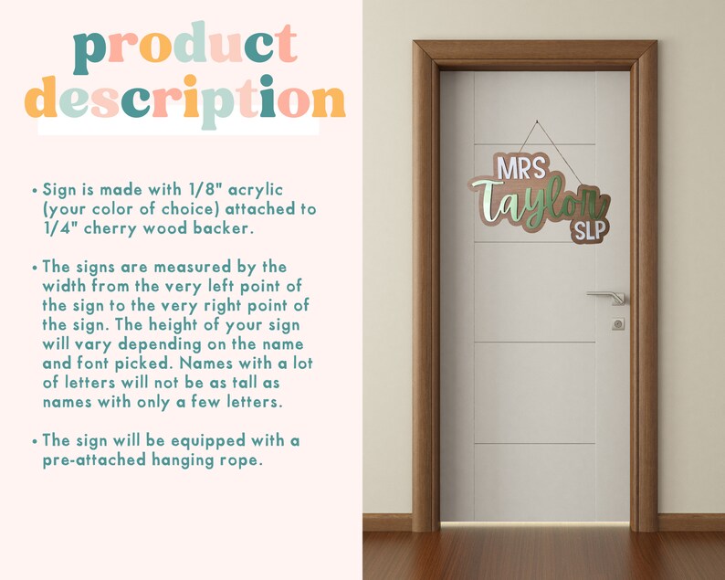 May include: A wooden door sign with the text "MRS Taylor SLP" in green and white lettering on a brown background. The sign is attached to a white door with a brown door frame.