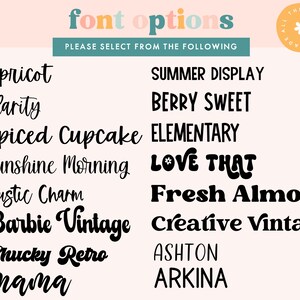 May include: A list of font options for a design project. The fonts are displayed in black text on a pink background. The fonts include Apricot, Clarity, Spiced Cupcake, Sunshine Morning, Rustic Charm, Barbie Vintage, Chucky Retro, mama, Summer Display, Berry Sweet, Elementary, Love That, Fresh Almond, Creative Vintage, Ashton, and Arkina.