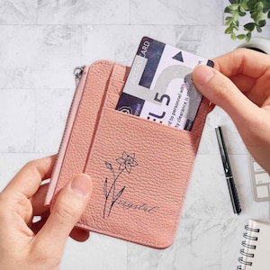 Gepersonaliseerde leren portemonnee met geboortebloem, gepersonaliseerde portemonnee voor dames, aangepaste portemonnee, leren kaarthouder, verjaardagscadeau voor haar