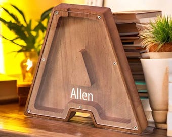 Personalized 26 Letters Piggy Bank | Custom Name Wooden Money Box | Alphabet Coin Bank Gift for Kids | Keepsake Birthday Gift for Boys