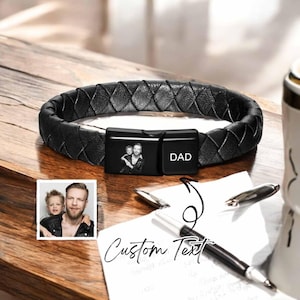 Engraved Photo Bracelet for Men | Custom Leather Bracelet | Father's Day Gift | Memorial Jewelry | Personalized Name Bracelet for Him