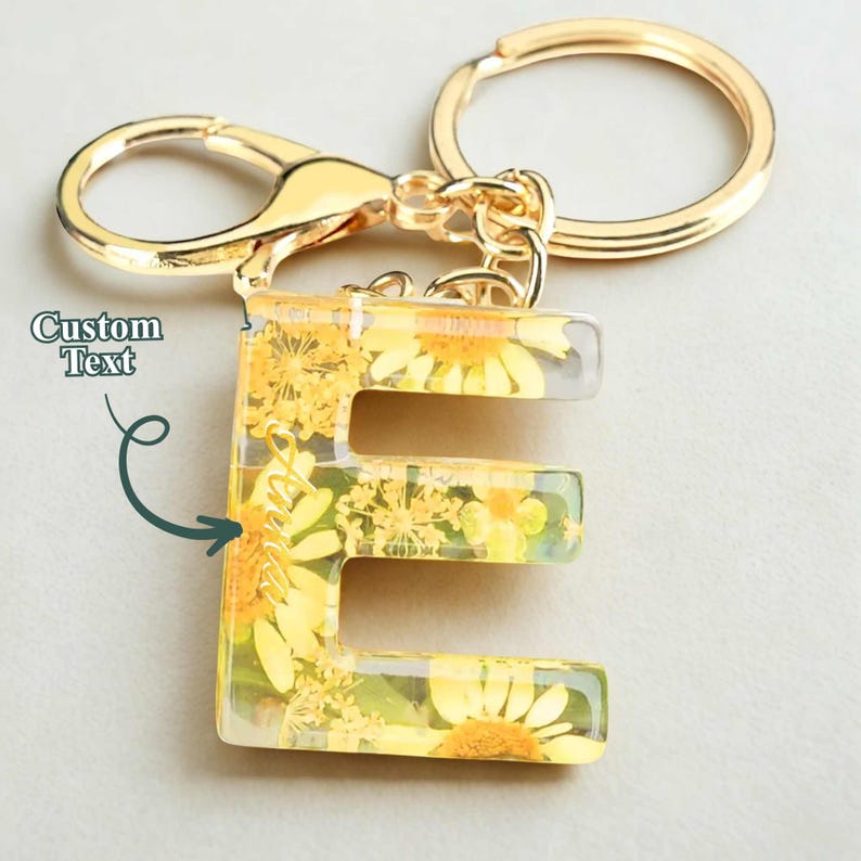 Custom Letter Keychain, Flower Letter Keychain, Name Keychain, Resin ...