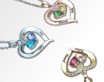 Herzförmige Geburtsstein paar Name Halskette, paar Halskette, Birthstone Halskette, Halskette mit Gravur, Geschenk Fr Sie