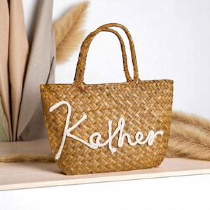 Personalisierte handgemachte Boho Bucket Bag mit individuellem Namen | Tragetasche für Frauen | Hochzeit Gastgeschenk | Pool-Tasche | Geschenk für Sie