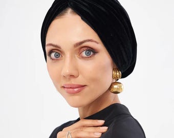 Handmade Black Velvet Bonnet for Muslim Women | Lightweight Twist Turban with Cotton Lining | Modest Hijab Fashion Head Cover